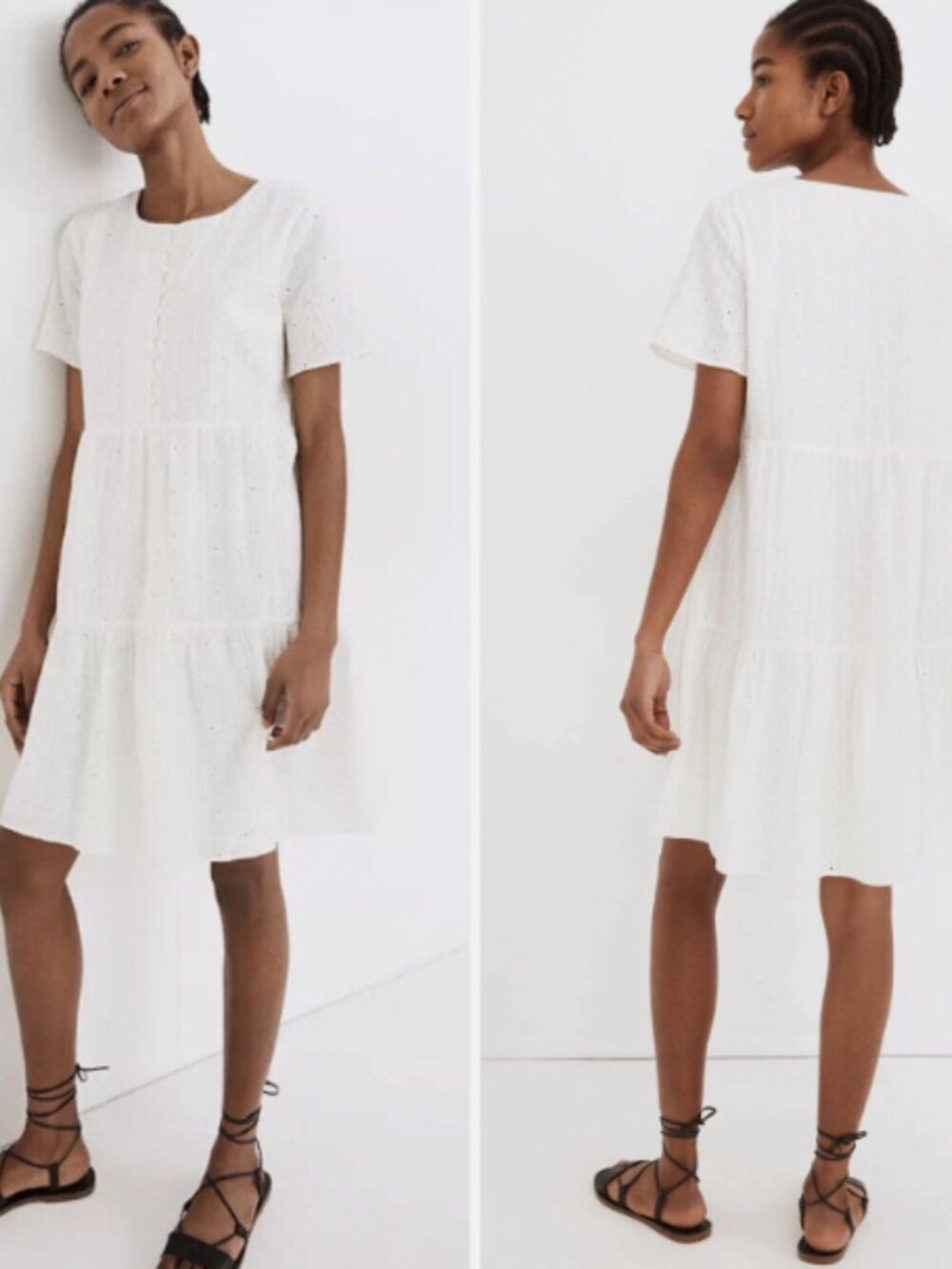 Madewell Embroidered Eyelet Button-Front Tiered Mini Dress color Lighthouse